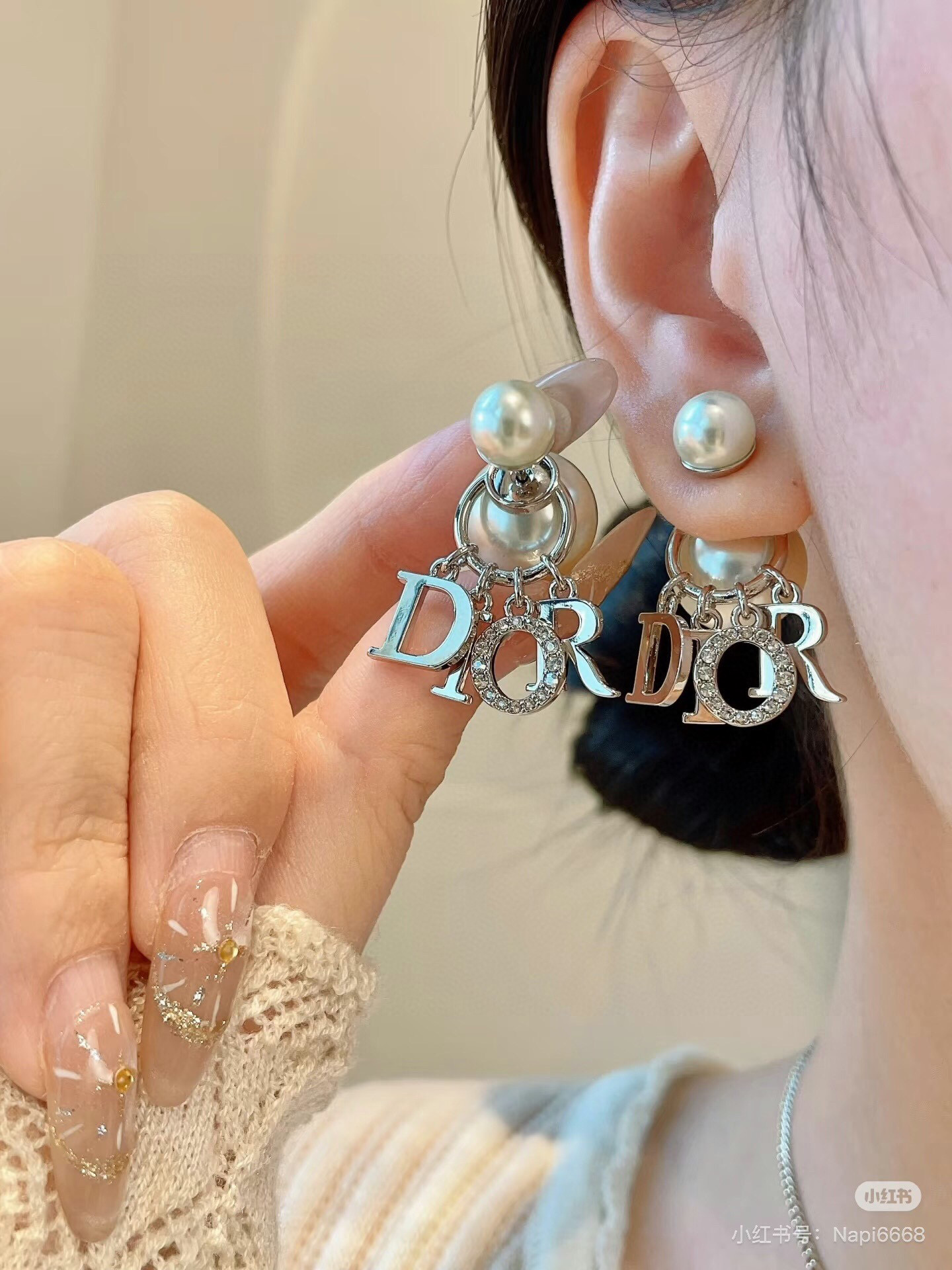 Dior Tribales earrings Silver-toned metal white pearl clear crystal One Size