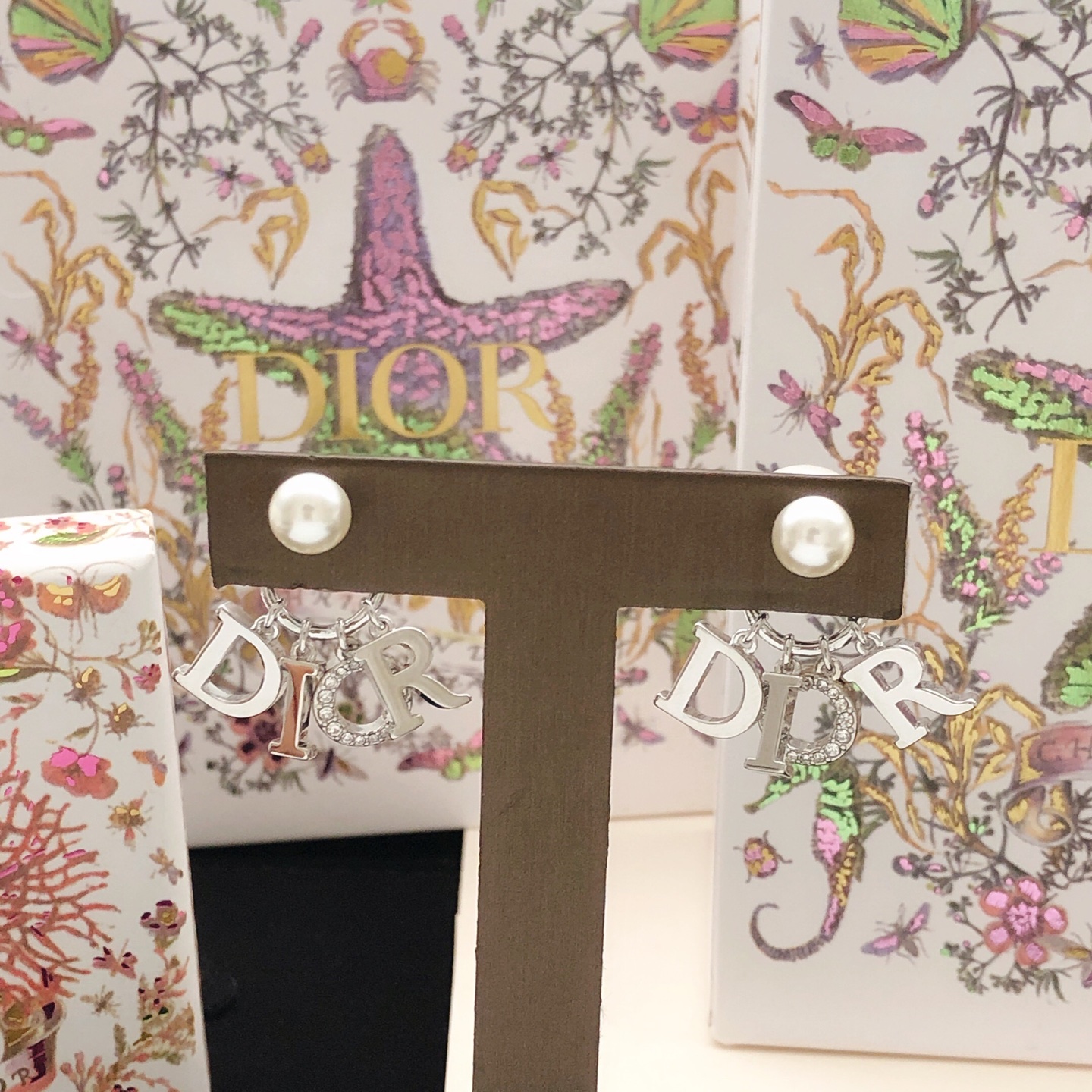 Dior Tribales earrings Silver-toned metal white pearl clear crystal One Size