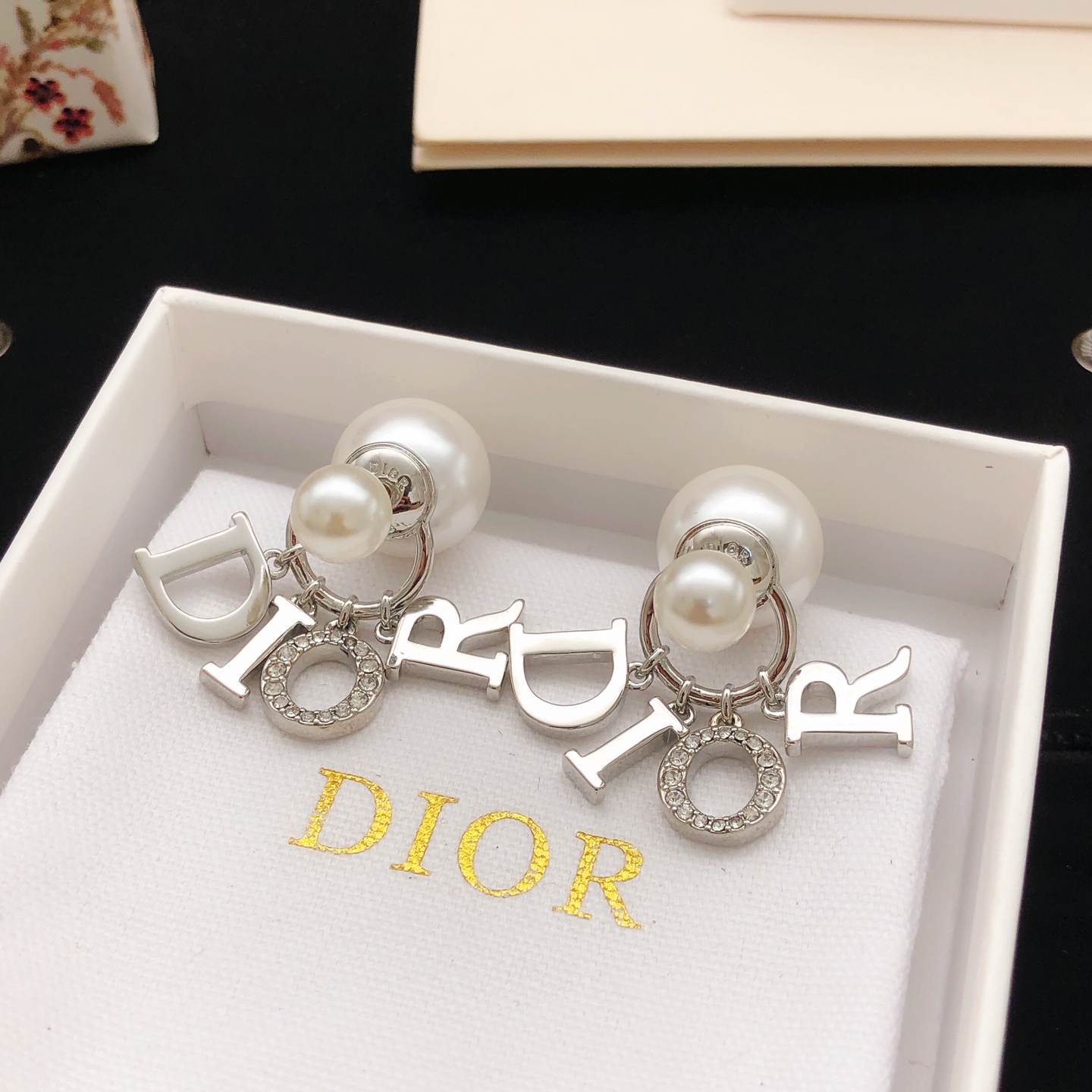 Dior Tribales earrings Silver-toned metal white pearl clear crystal One Size