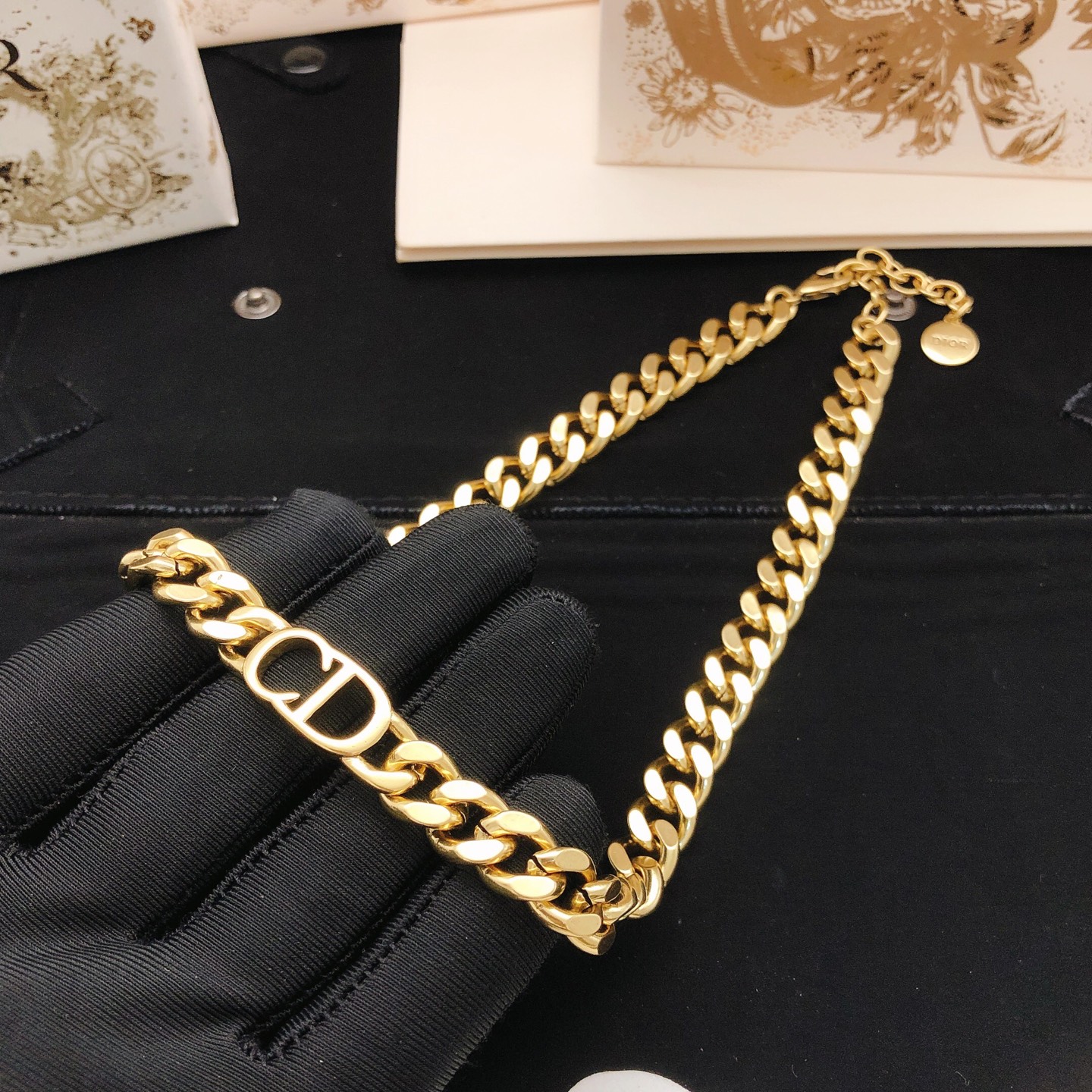 Dior CD Logo Curb Chain necklace gold-tone metal 40cm with 5cm extender