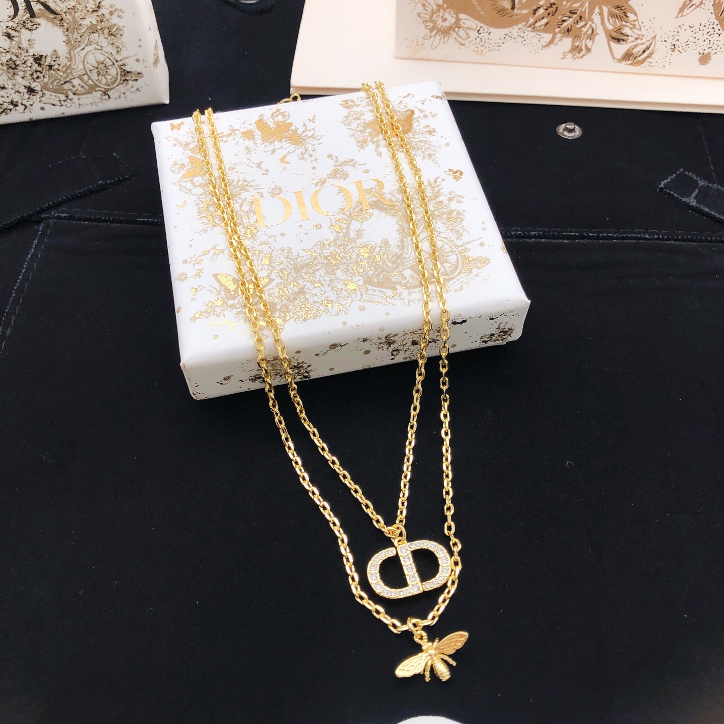 Dior DXL0271 CD Logo Bee Double Layer Necklace necklace Gold-tone metal with clear crystal pave on CD logo gold-tone bee charm 42cm with 5cm extender