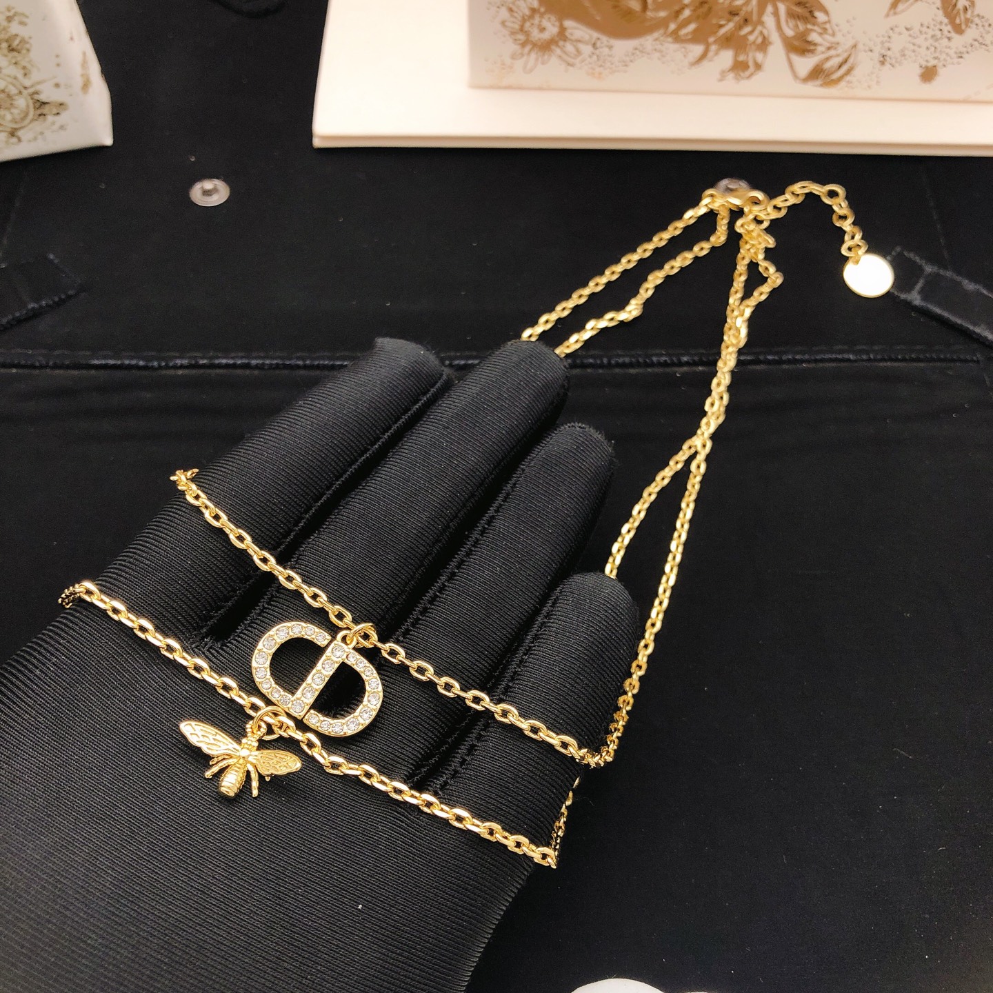 Dior DXL0271 CD Logo Bee Double Layer Necklace necklace Gold-tone metal with clear crystal pave on CD logo gold-tone bee charm 42cm with 5cm extender