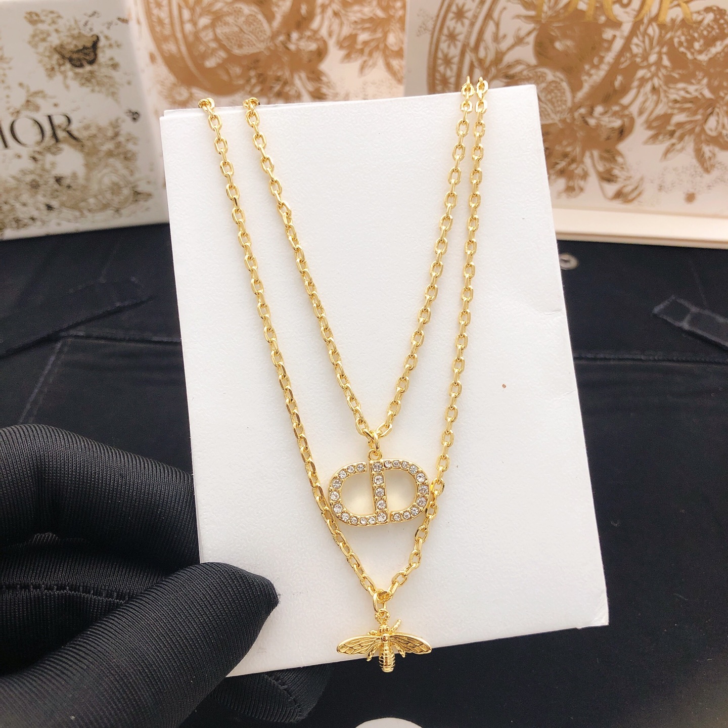 Dior DXL0271 CD Logo Bee Double Layer Necklace necklace Gold-tone metal with clear crystal pave on CD logo gold-tone bee charm 42cm with 5cm extender