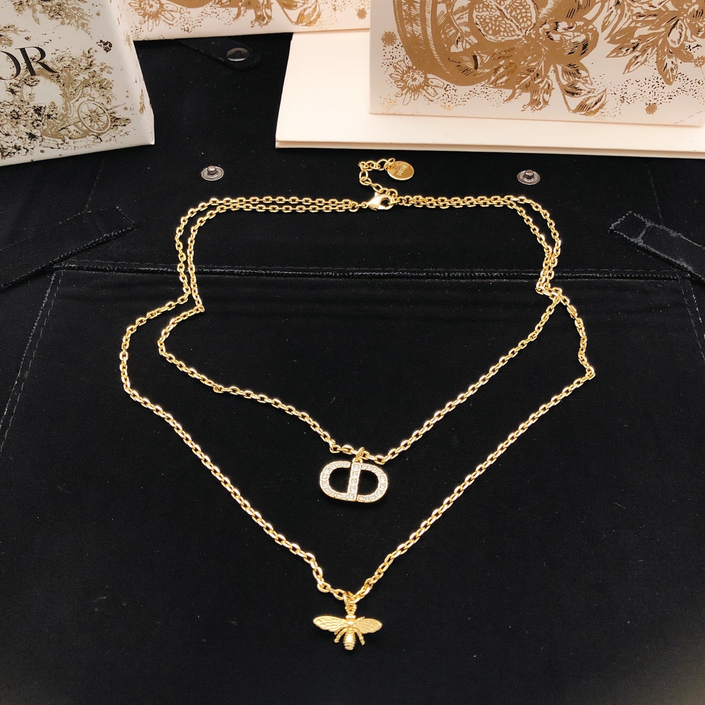 Dior DXL0271 CD Logo Bee Double Layer Necklace necklace Gold-tone metal with clear crystal pave on CD logo gold-tone bee charm 42cm with 5cm extender