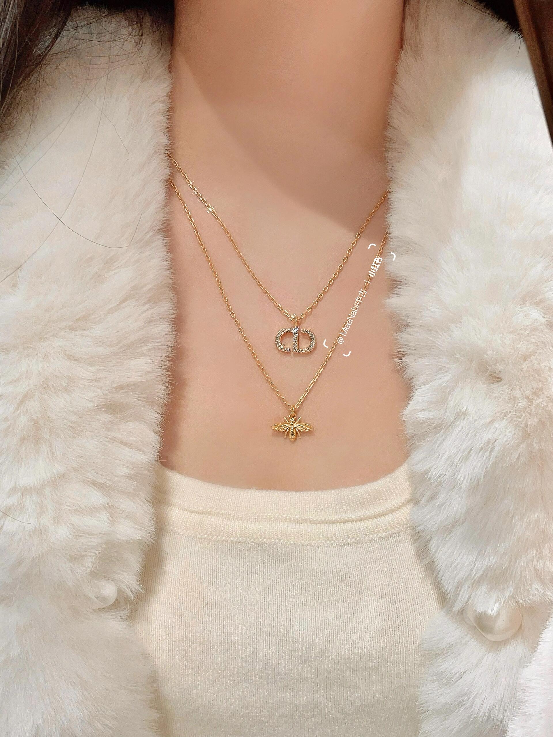 Dior DXL0271 CD Logo Bee Double Layer Necklace necklace Gold-tone metal with clear crystal pave on CD logo gold-tone bee charm 42cm with 5cm extender