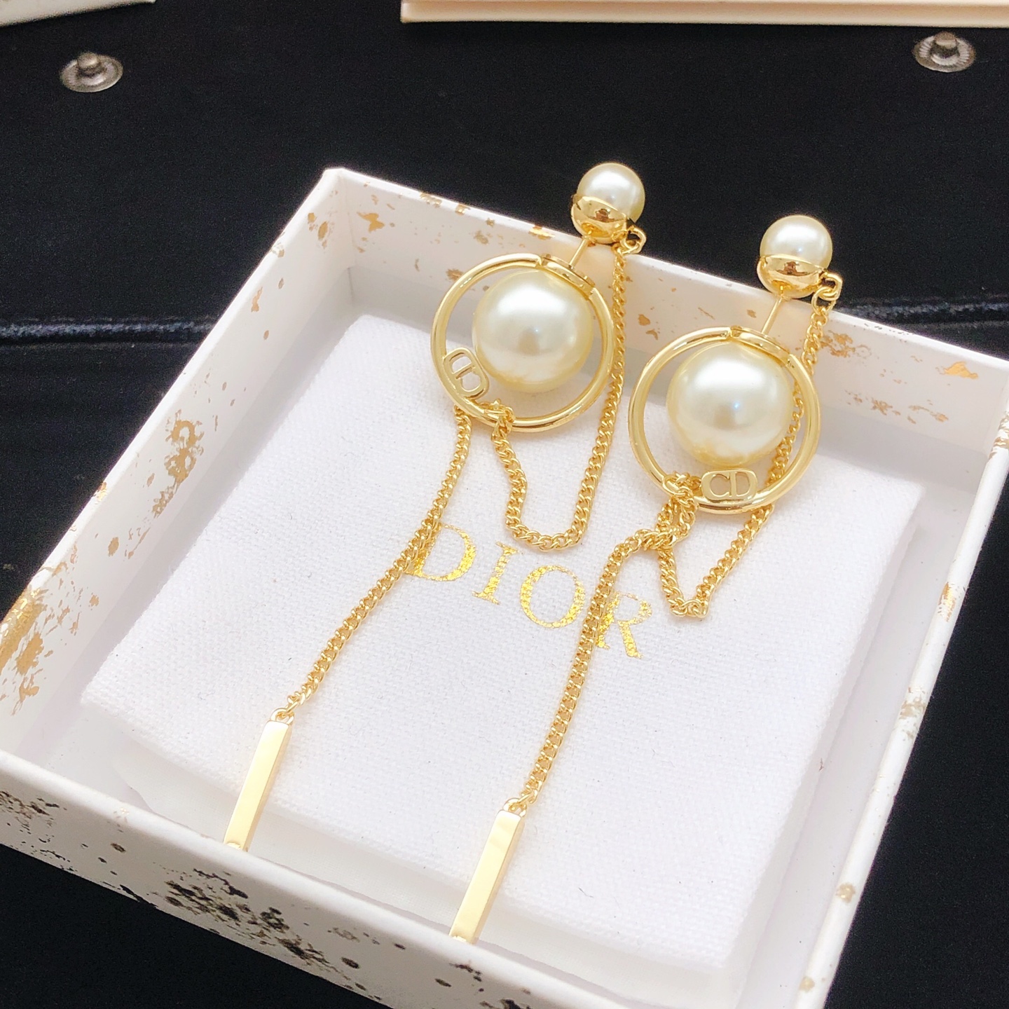 Dior Tribales CD Logo Pearl Chain Drop Earrings earrings Gold-tone metal with cream white faux pearls Approximately 7cm total drop length