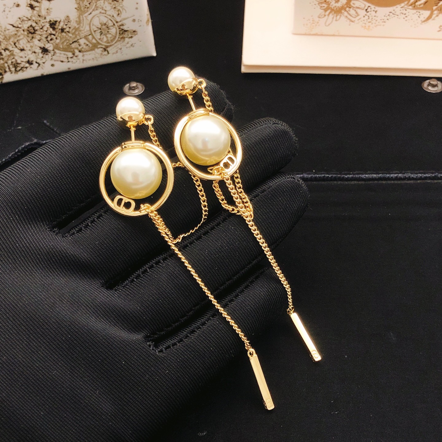 Dior Tribales CD Logo Pearl Chain Drop Earrings earrings Gold-tone metal with cream white faux pearls Approximately 7cm total drop length