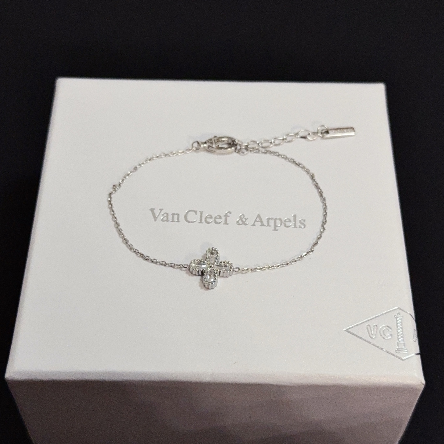 Van Cleef Arpels Alhambra bracelet silver-toned metal with clear diamond accents 17cm