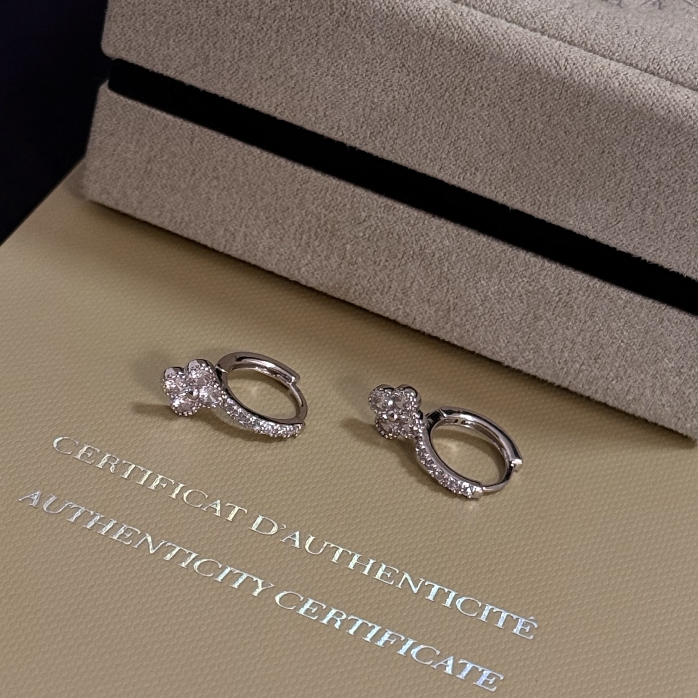 Van Cleef Arpels Alhambra earrings white gold with clear diamonds 12mm hoop diameter