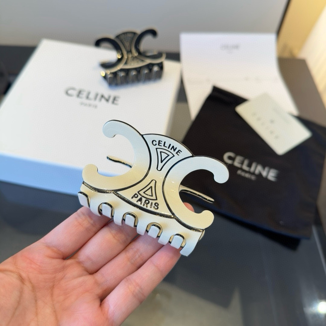 Celine Triomphe Paris Logo Hair Claw brooch Ivory enamel with silver-tone metal accents Black enamel with silver-tone metal accents 8cm