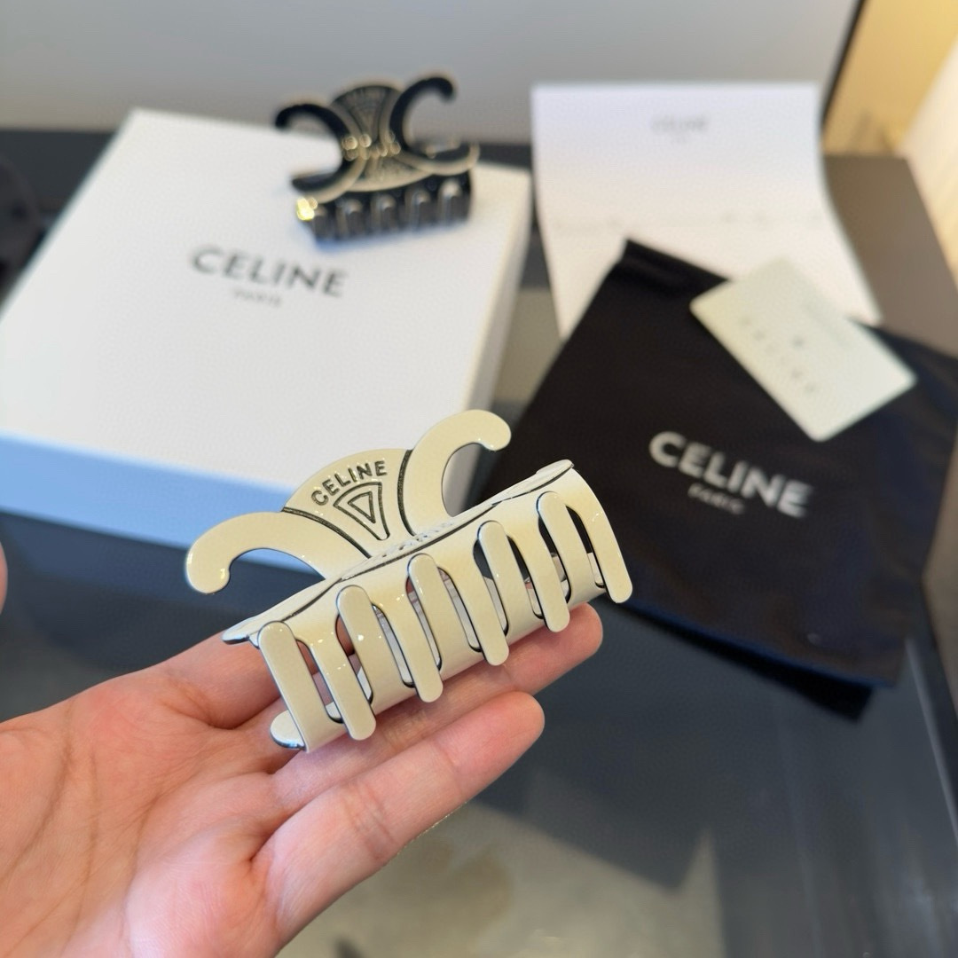 Celine Triomphe Paris Logo Hair Claw brooch Ivory enamel with silver-tone metal accents Black enamel with silver-tone metal accents 8cm