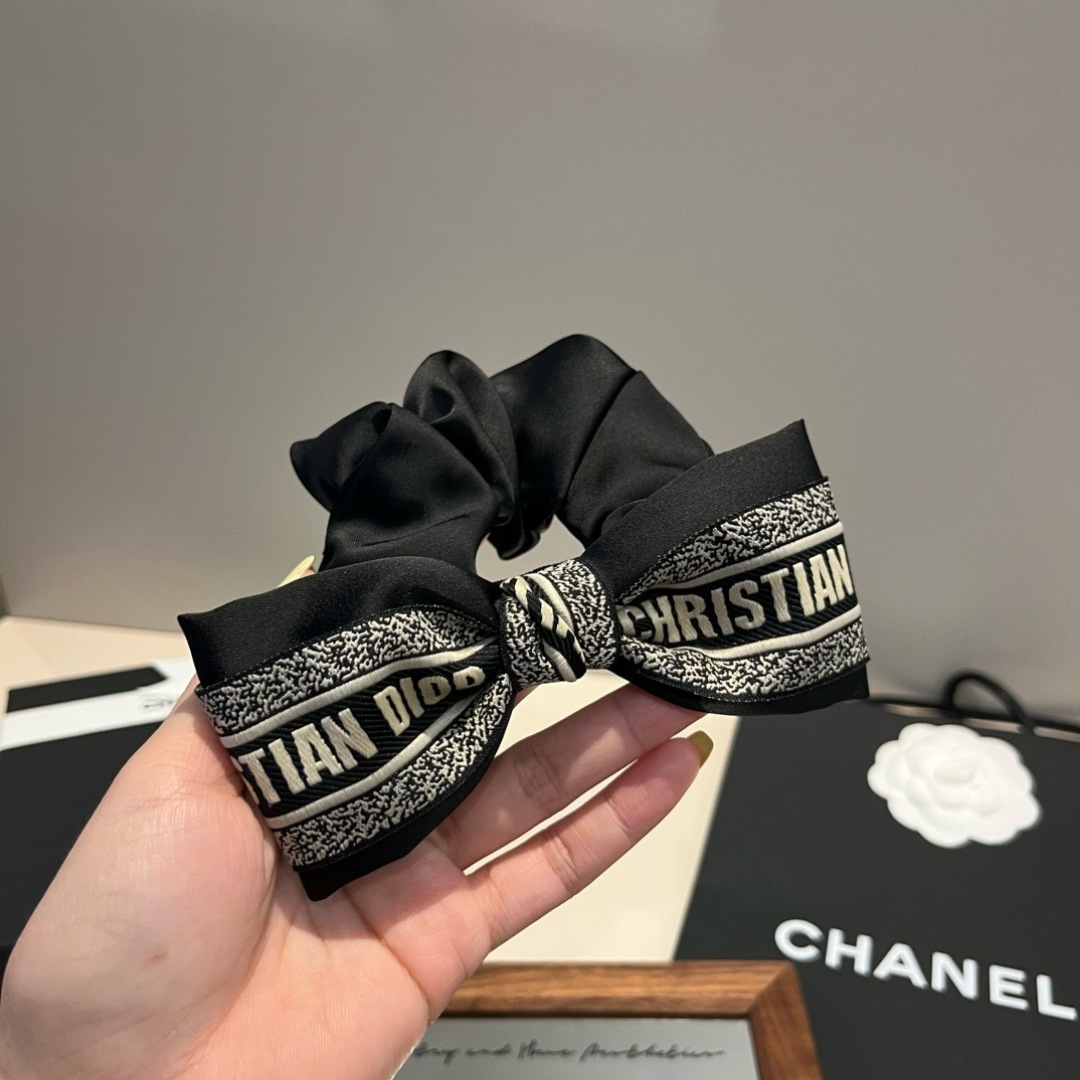 Dior Christian Dior Logo Bow Scrunchie brooch black satin fabric with off-white embroidered logo detailing 12cm bow width 10cm scrunchie diameter