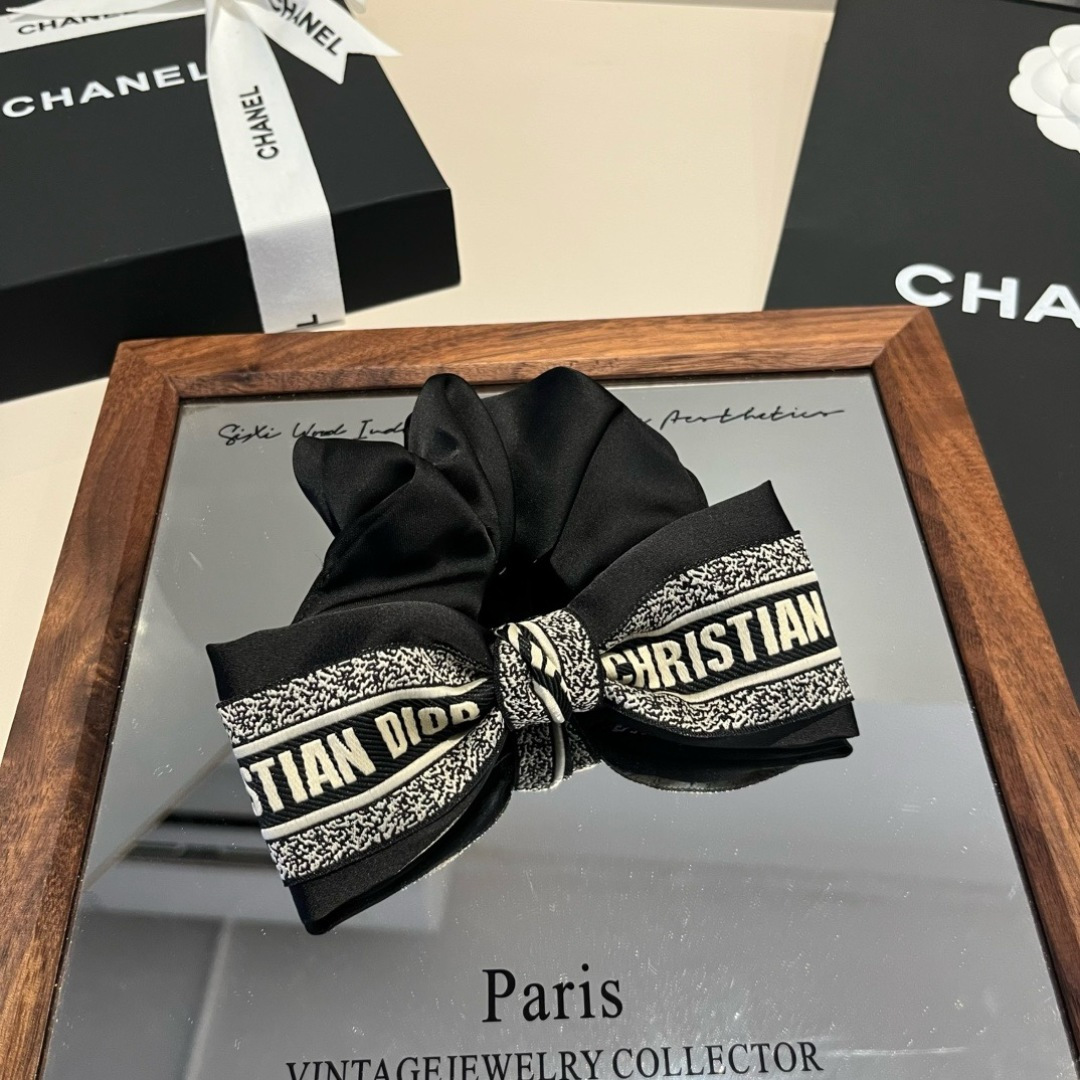 Dior Christian Dior Logo Bow Scrunchie brooch black satin fabric with off-white embroidered logo detailing 12cm bow width 10cm scrunchie diameter