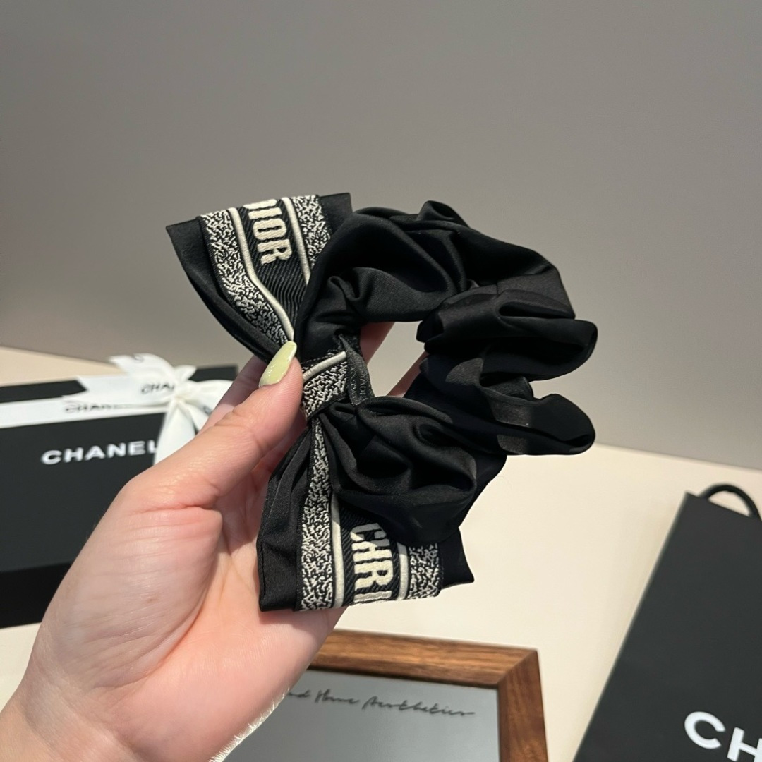 Dior Christian Dior Logo Bow Scrunchie brooch black satin fabric with off-white embroidered logo detailing 12cm bow width 10cm scrunchie diameter