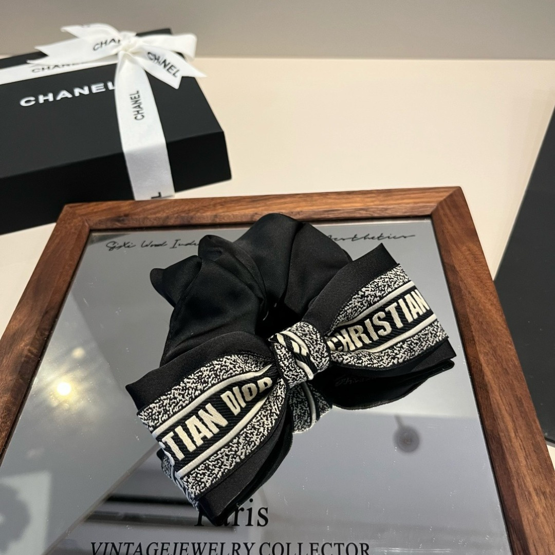 Dior Christian Dior Logo Bow Scrunchie brooch black satin fabric with off-white embroidered logo detailing 12cm bow width 10cm scrunchie diameter