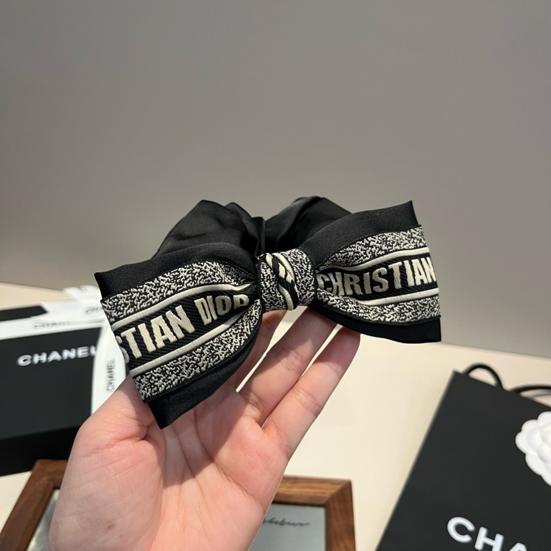 Dior Christian Dior Logo Bow Scrunchie brooch black satin fabric with off-white embroidered logo detailing 12cm bow width 10cm scrunchie diameter