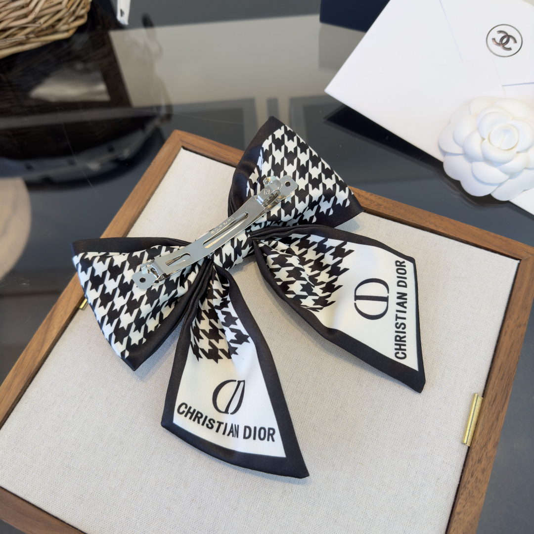 Christian Dior CD Logo Houndstooth Bow Hair Accessory brooch black and white houndstooth printed silk with black printed CD logo and Christian Dior text 12cm width 15cm length