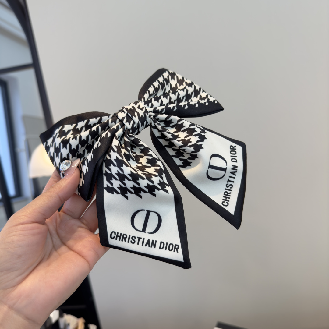 Christian Dior CD Logo Houndstooth Bow Hair Accessory brooch black and white houndstooth printed silk with black printed CD logo and Christian Dior text 12cm width 15cm length