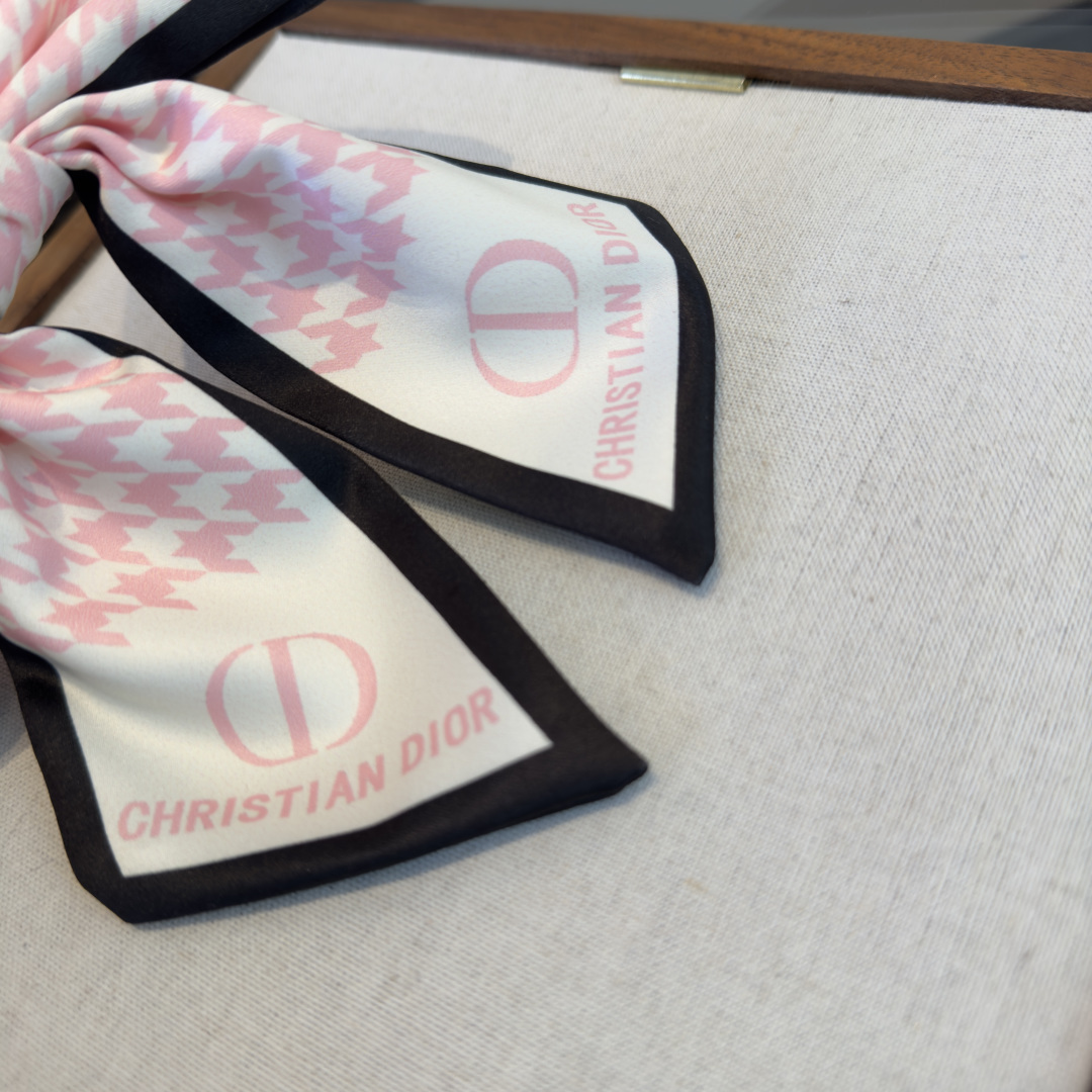 Dior Houndstooth CD Logo Bow Hair Accessory brooch Pink white black fabric with pink printed branding 15cm width