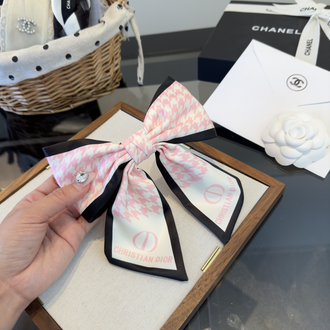 Dior Houndstooth CD Logo Bow Hair Accessory brooch Pink white black fabric with pink printed branding 15cm width