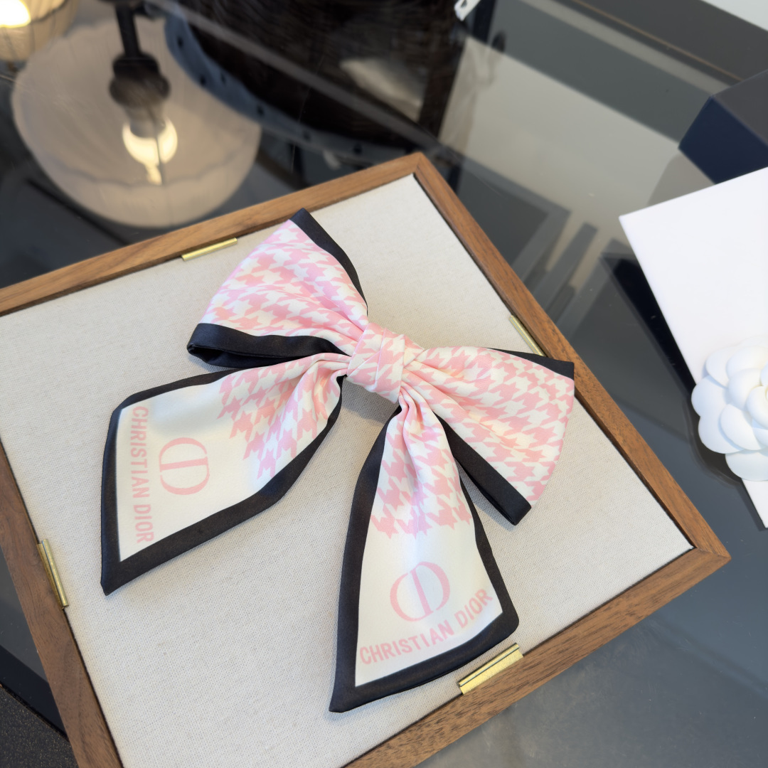 Dior Houndstooth CD Logo Bow Hair Accessory brooch Pink white black fabric with pink printed branding 15cm width