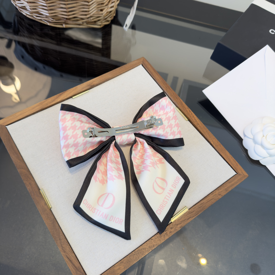 Dior Houndstooth CD Logo Bow Hair Accessory brooch Pink white black fabric with pink printed branding 15cm width