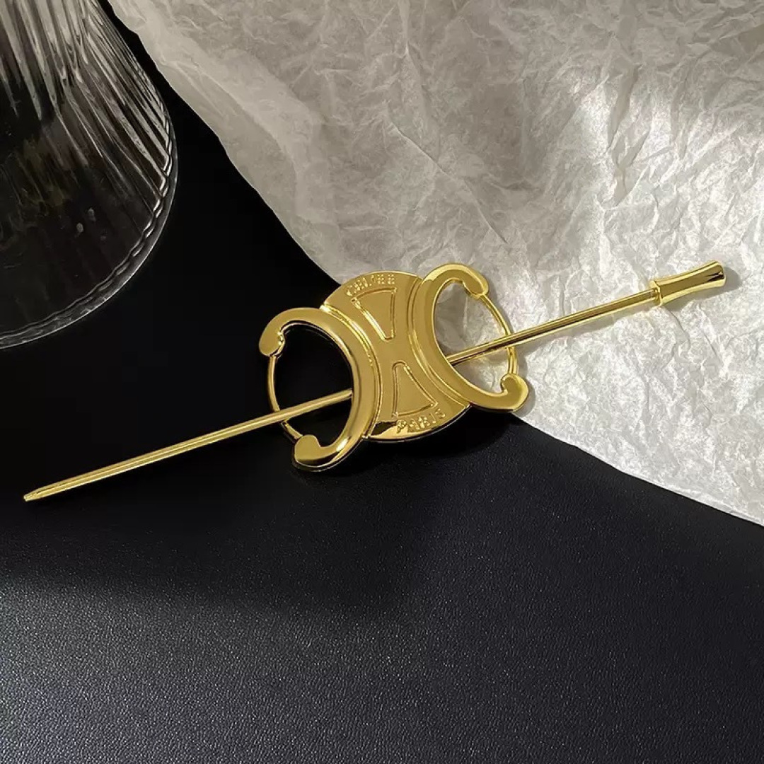 Celine Triomphe Hair Pin brooch gold tone metal no gemstones 12cm pin length