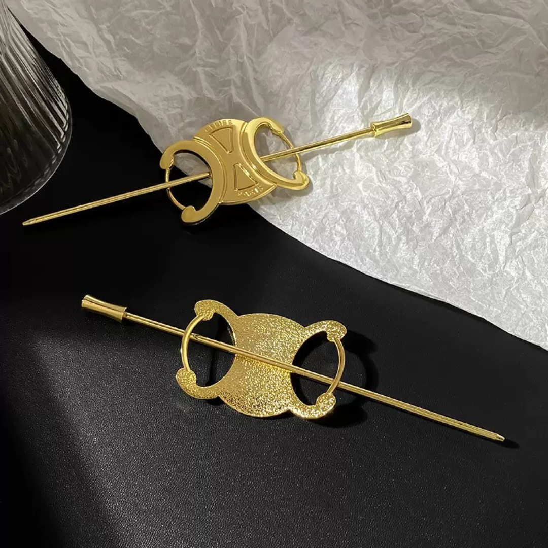 Celine Triomphe Hair Pin brooch gold tone metal no gemstones 12cm pin length