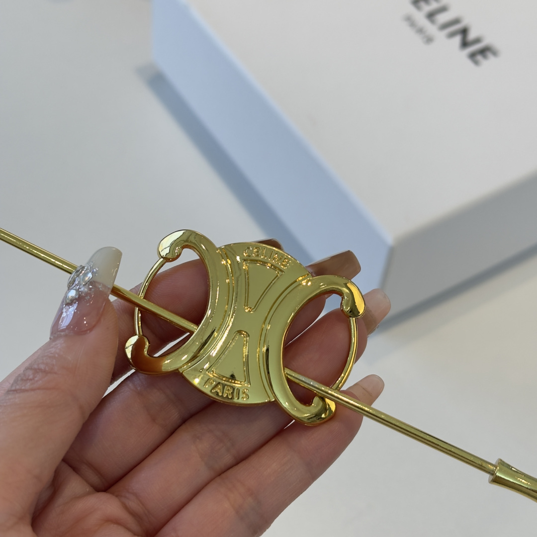 Celine Triomphe Hair Pin brooch gold tone metal no gemstones 12cm pin length
