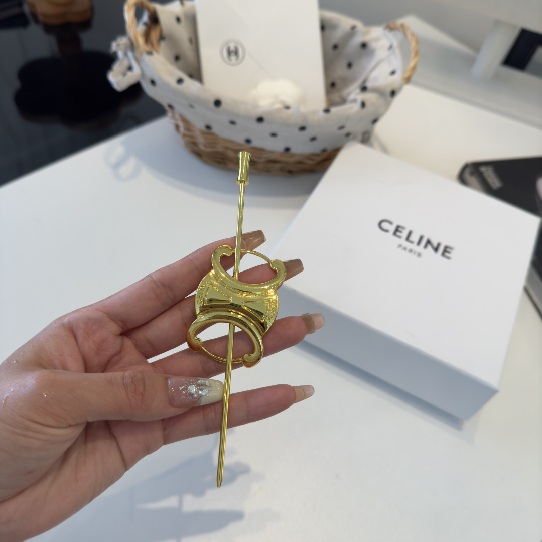 Celine Triomphe Hair Pin brooch gold tone metal no gemstones 12cm pin length