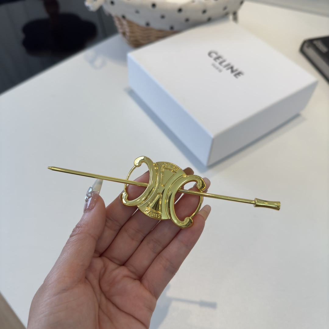 Celine Triomphe Hair Pin brooch gold tone metal no gemstones 12cm pin length