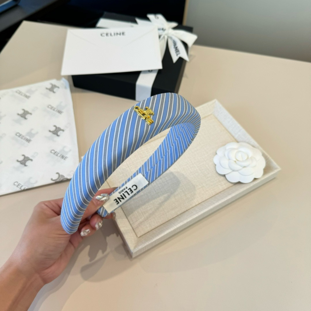 Celine Triomphe Padded Striped Headband brooch Light blue white gray striped fabric with gold-tone Triomphe logo hardware One Size standard headband width 3cm circumference 40cm