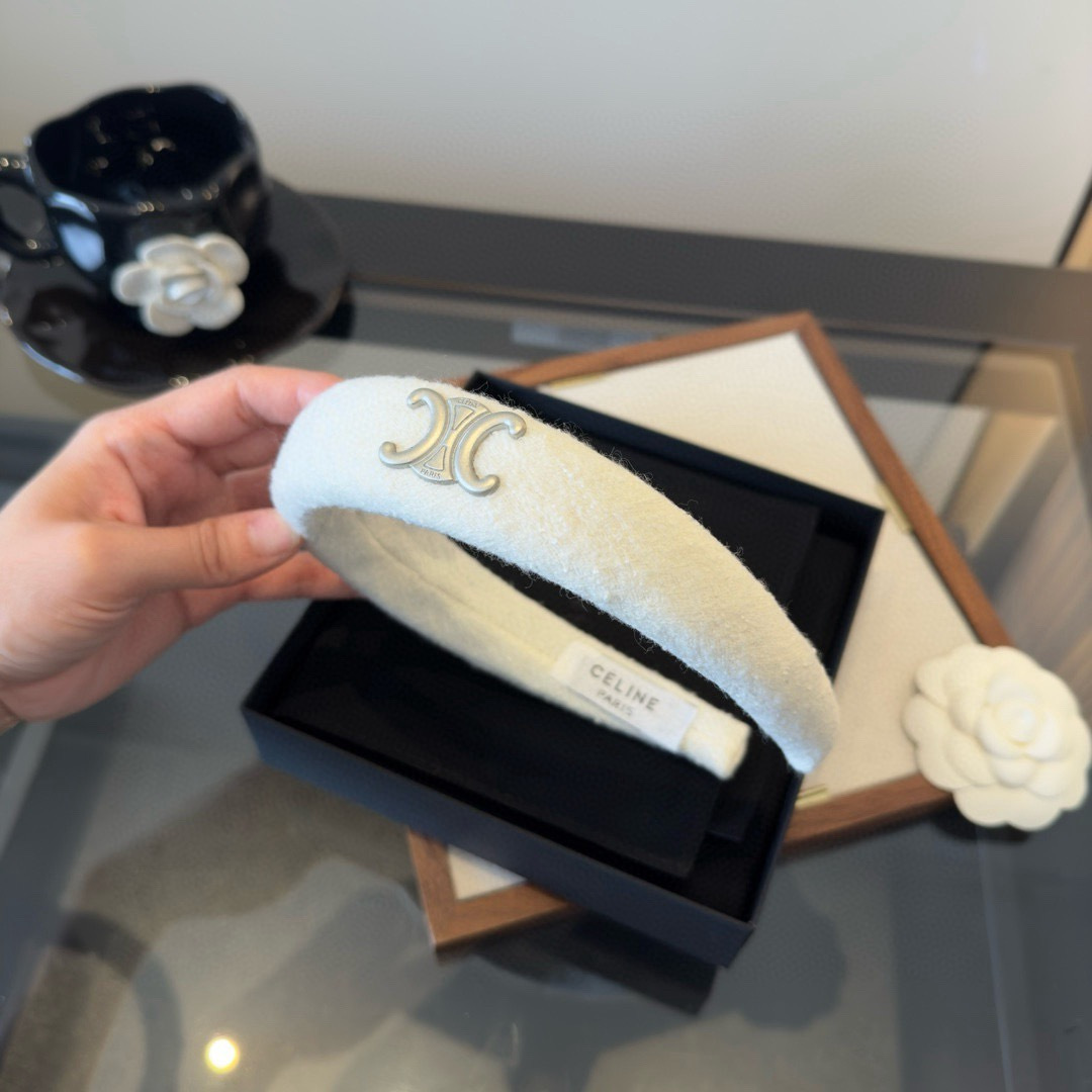 Celine Triomphe Padded Headband brooch Off-white wool with silver-tone Triomphe logo Black wool with silver-tone Triomphe logo One Size 4cm width
