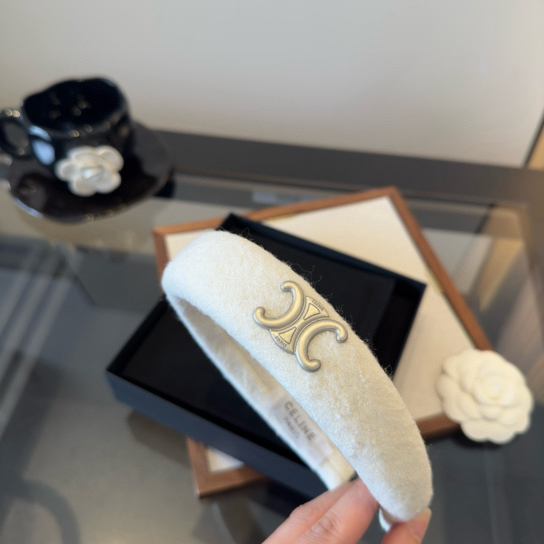 Celine Triomphe Padded Headband brooch Off-white wool with silver-tone Triomphe logo Black wool with silver-tone Triomphe logo One Size 4cm width