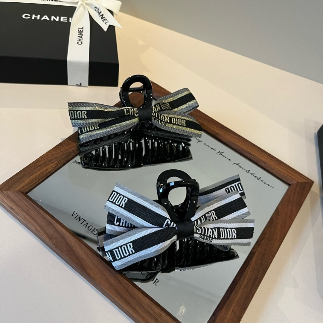 Dior Christian Dior Paris Ribbon Bow Hair Claw brooch black plastic base grey and black woven ribbon with gold metallic logo detailing 10cm length