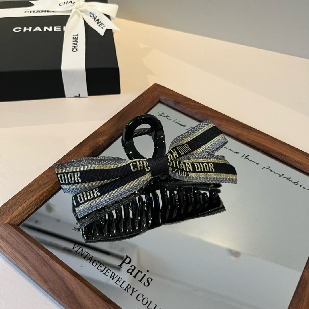 Dior Christian Dior Paris Ribbon Bow Hair Claw brooch black plastic base grey and black woven ribbon with gold metallic logo detailing 10cm length