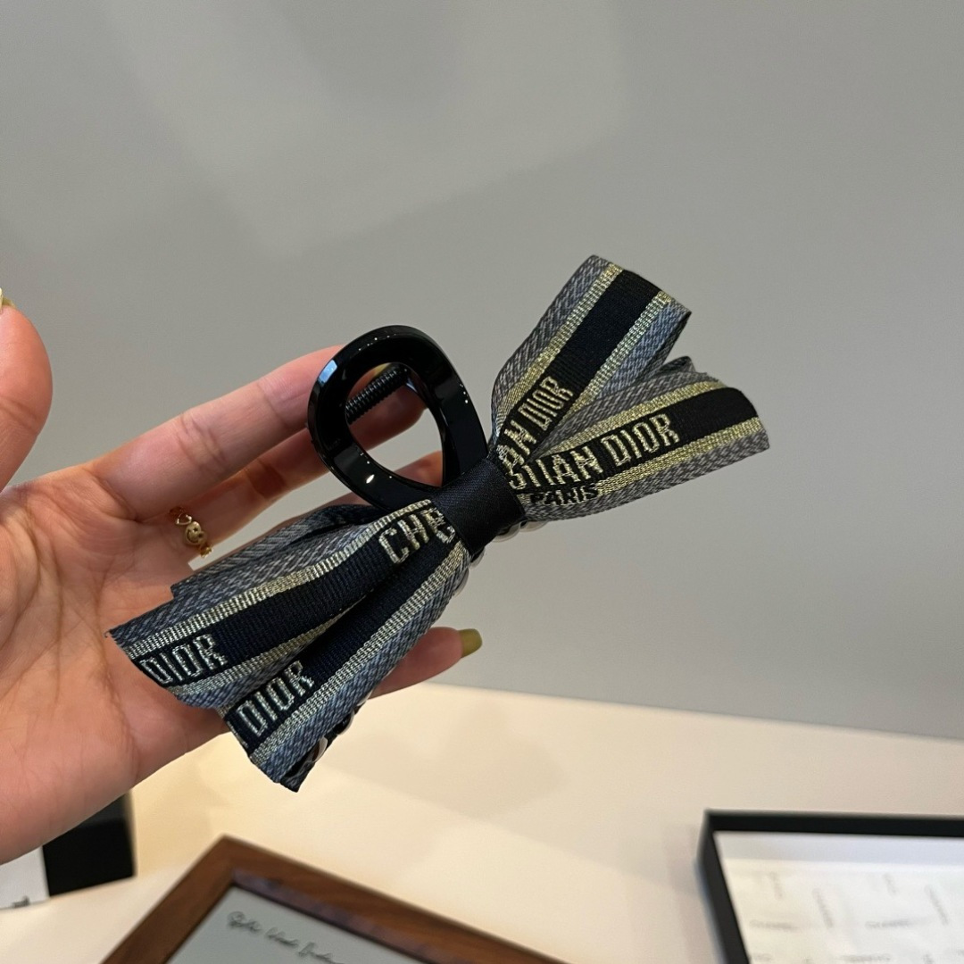 Dior Christian Dior Paris Ribbon Bow Hair Claw brooch black plastic base grey and black woven ribbon with gold metallic logo detailing 10cm length