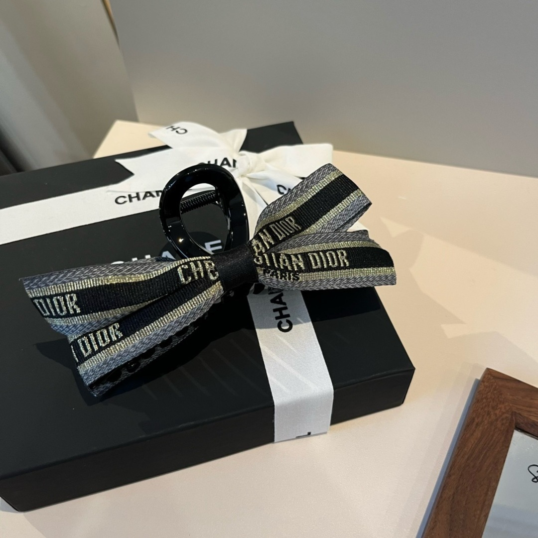Dior Christian Dior Paris Ribbon Bow Hair Claw brooch black plastic base grey and black woven ribbon with gold metallic logo detailing 10cm length