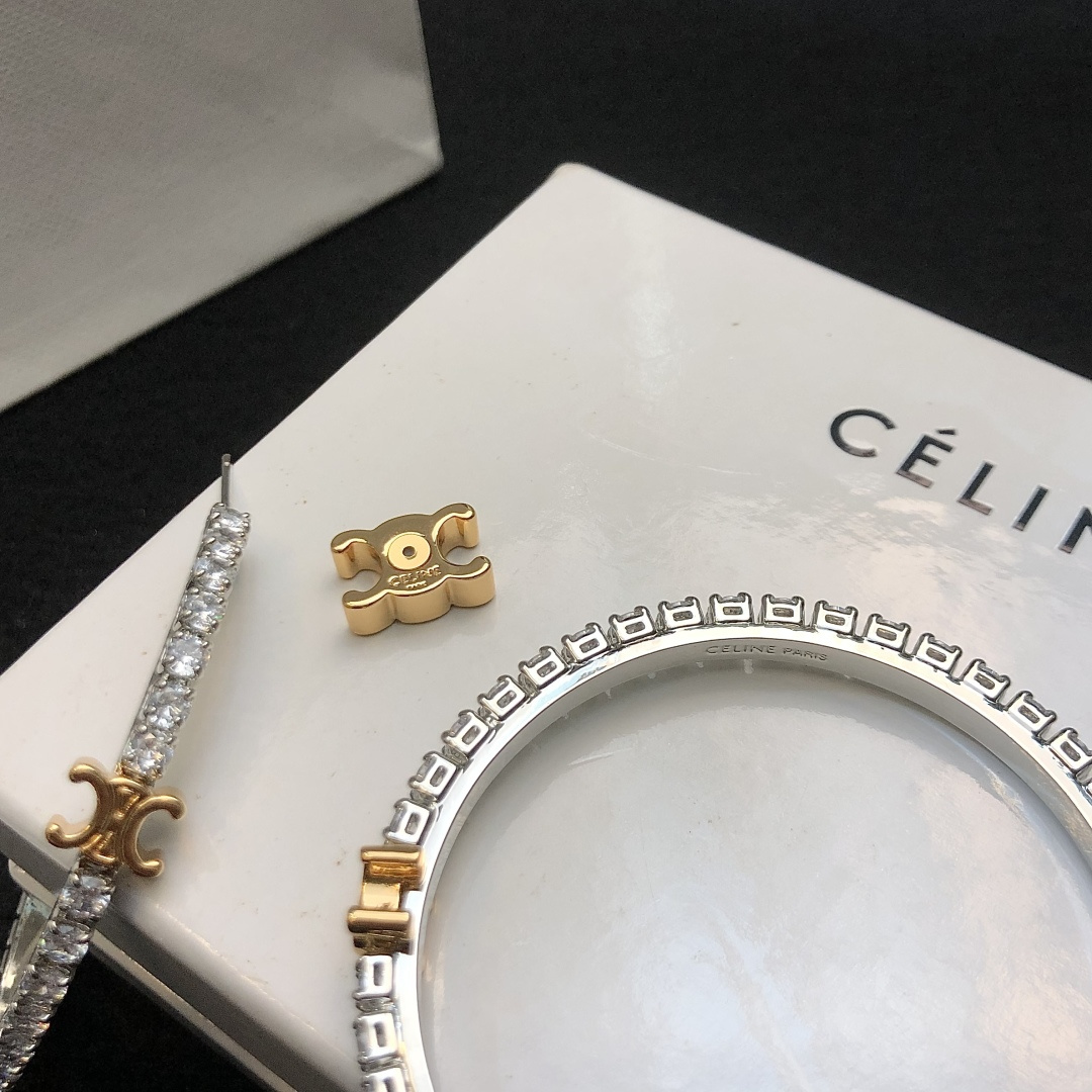 Celine Triomphe Crystal Hoop Earrings earrings Two-tone silver and gold metal with clear crystal stones 4cm diameter