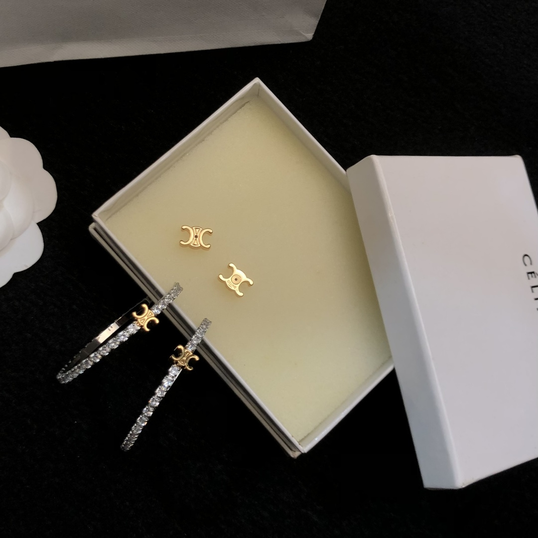 Celine Triomphe Crystal Hoop Earrings earrings Two-tone silver and gold metal with clear crystal stones 4cm diameter
