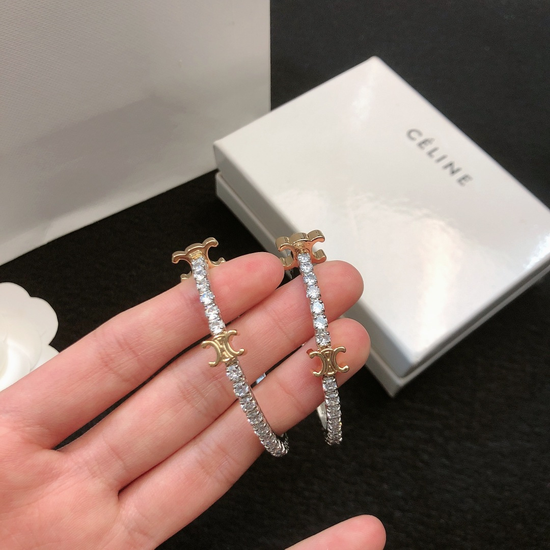Celine Triomphe Crystal Hoop Earrings earrings Two-tone silver and gold metal with clear crystal stones 4cm diameter