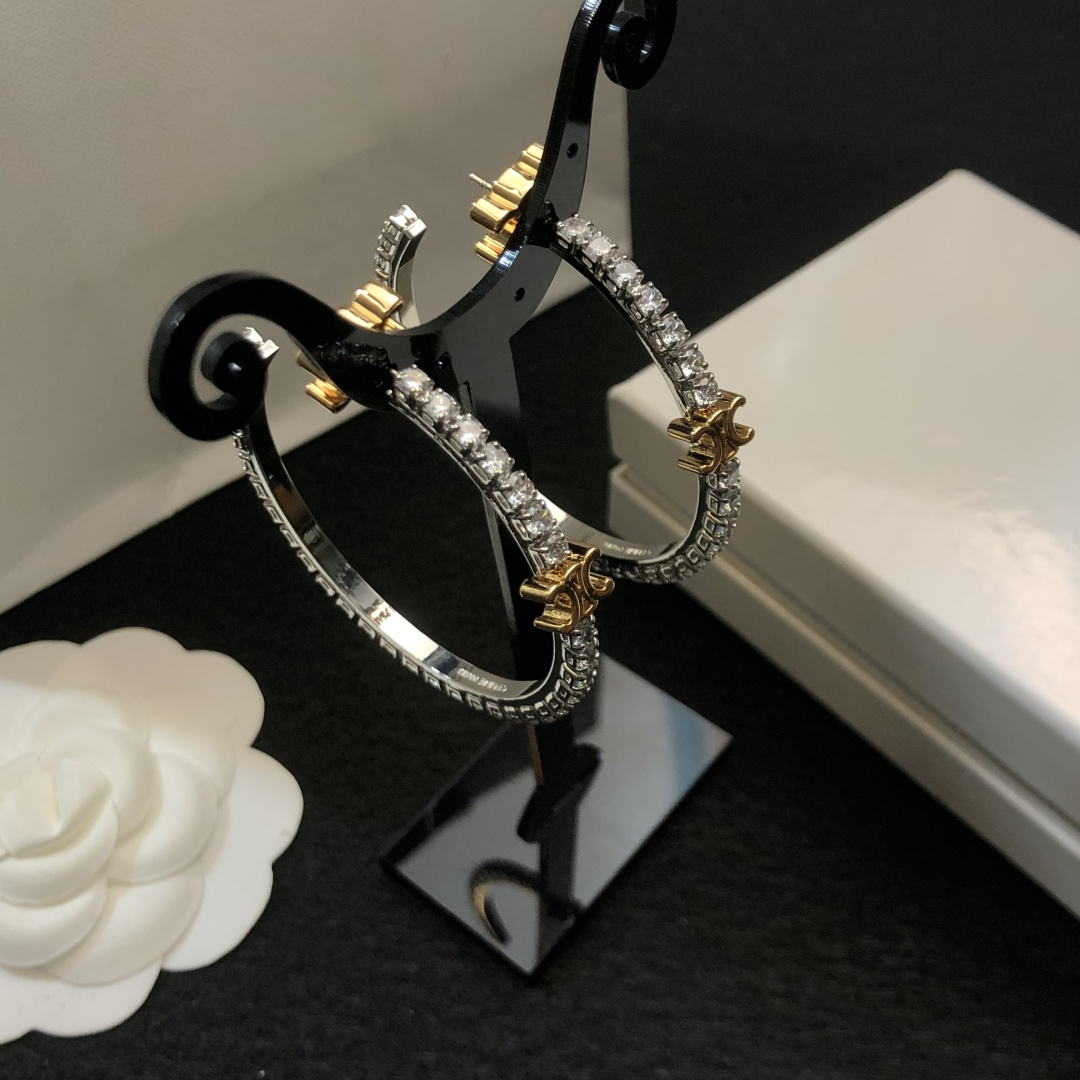 Celine Triomphe Crystal Hoop Earrings earrings Two-tone silver and gold metal with clear crystal stones 4cm diameter