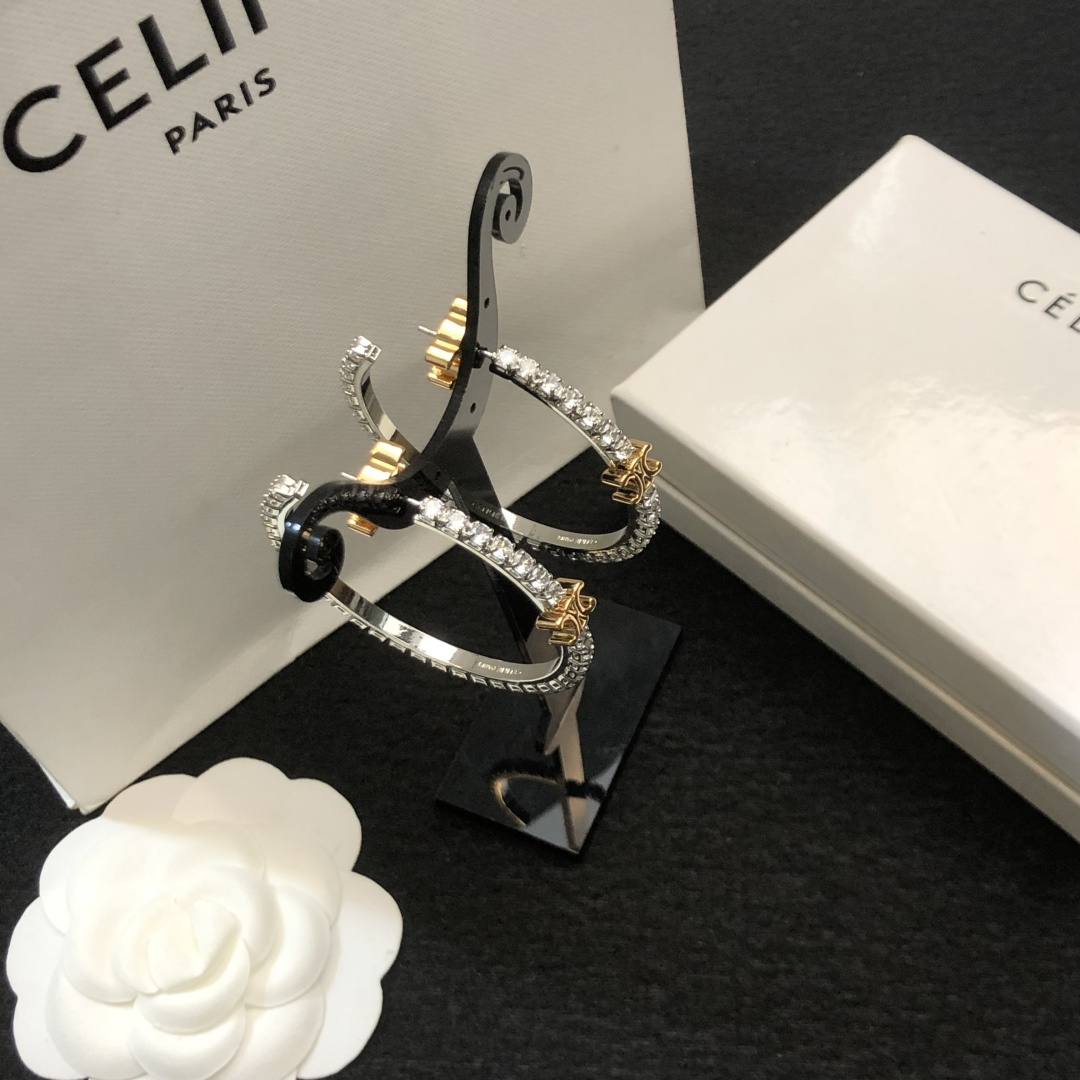 Celine Triomphe Crystal Hoop Earrings earrings Two-tone silver and gold metal with clear crystal stones 4cm diameter