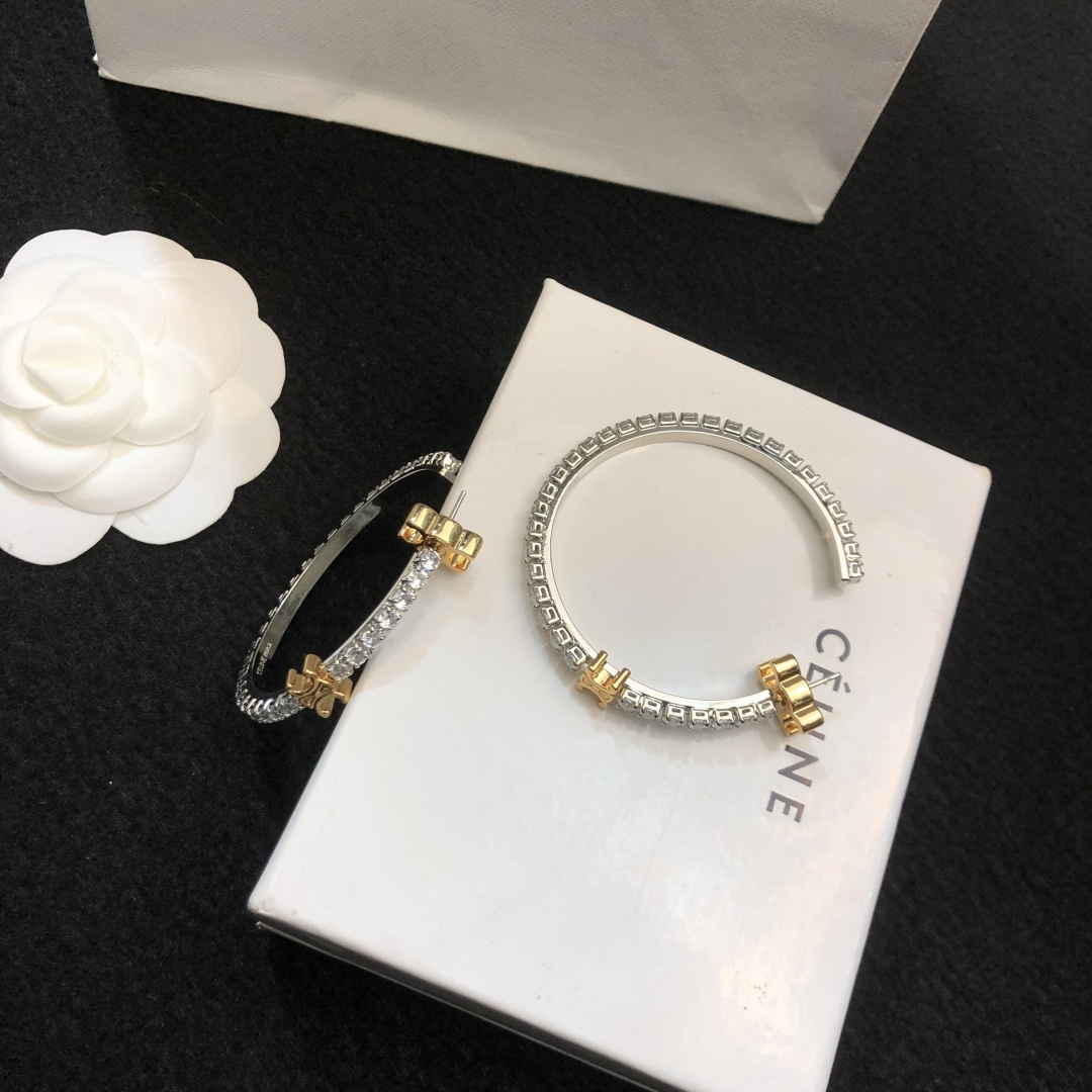 Celine Triomphe Crystal Hoop Earrings earrings Two-tone silver and gold metal with clear crystal stones 4cm diameter