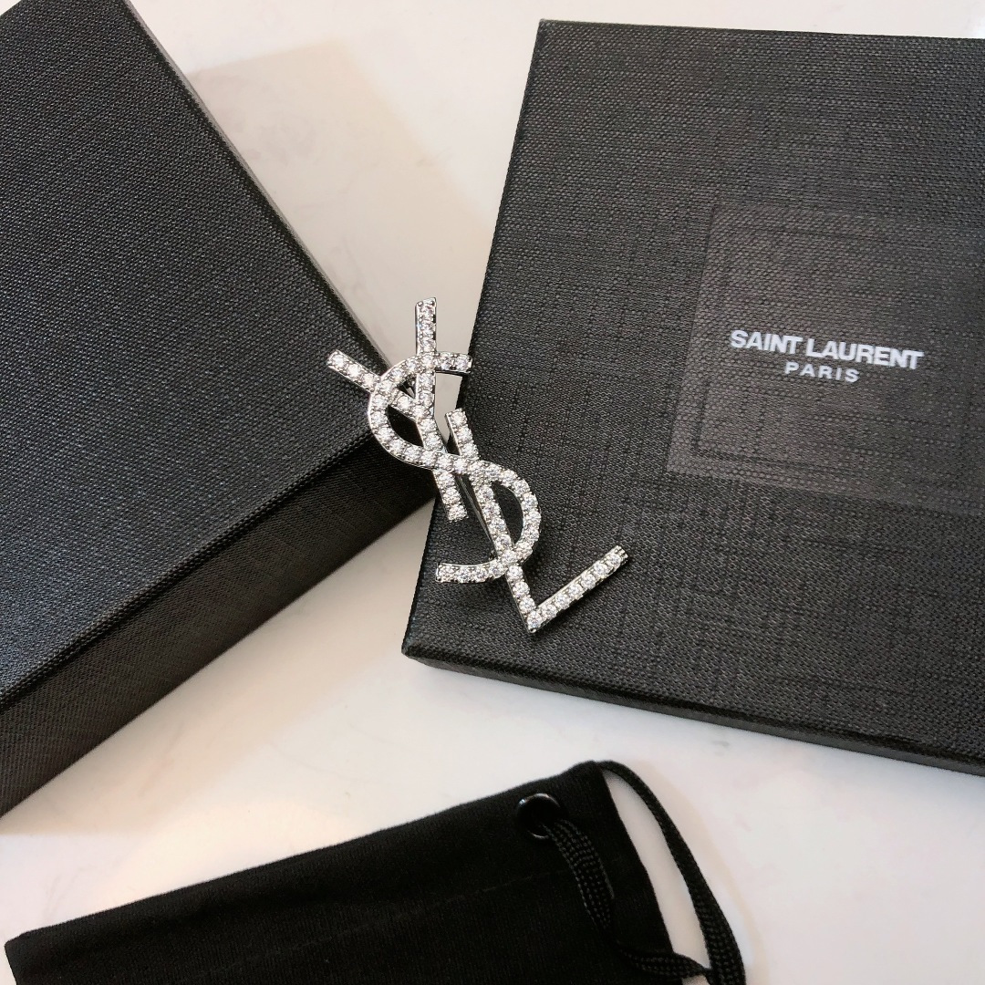 Saint Laurent YSL Monogram Crystal Brooch brooch silver-toned metal with clear crystal accents 3 5cm