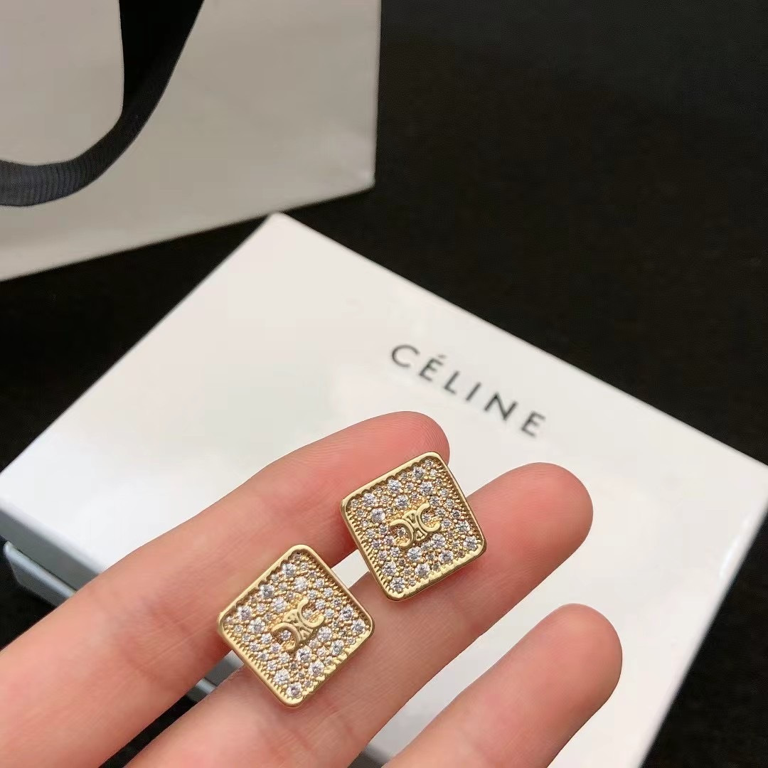 Celine Celestine Triomphe Square Stud Earrings earrings gold-tone metal with clear pave crystals 1 2cm stud diameter