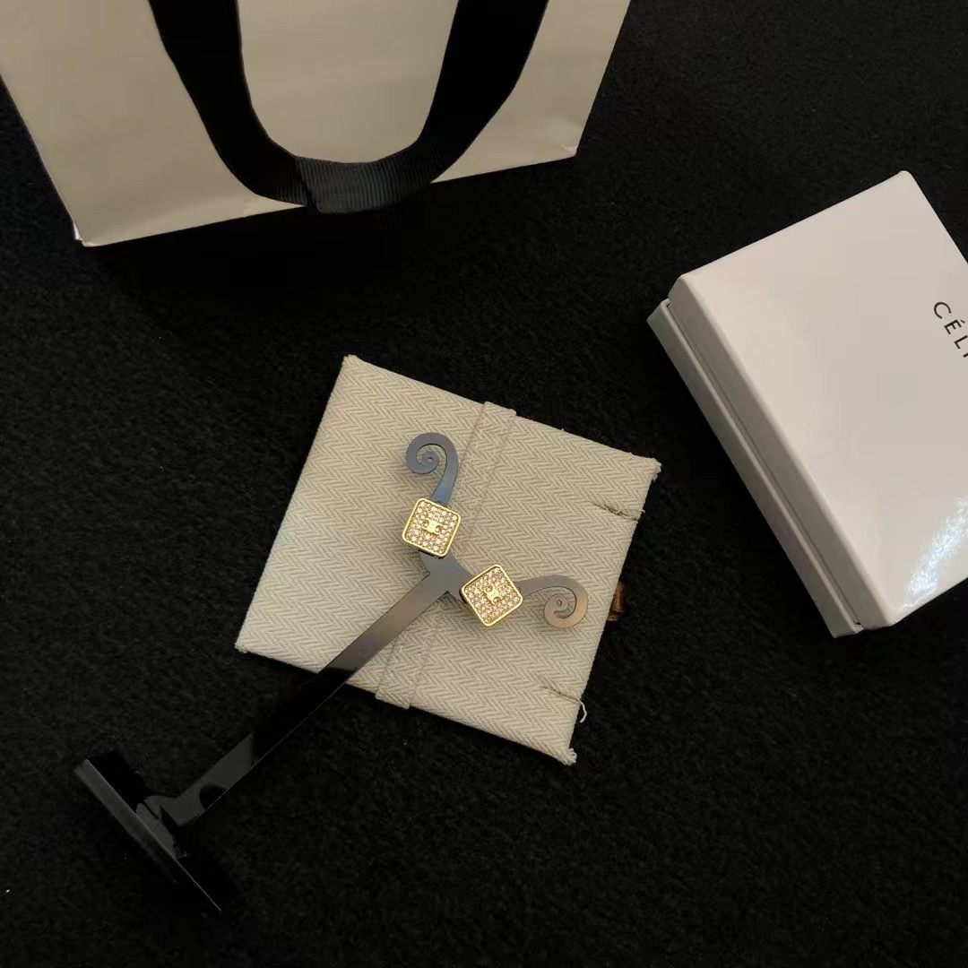 Celine Celestine Triomphe Square Stud Earrings earrings gold-tone metal with clear pave crystals 1 2cm stud diameter