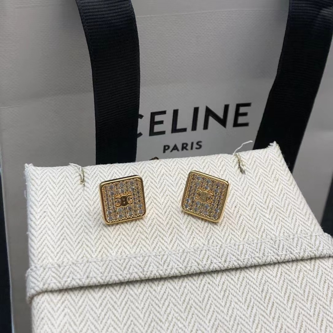 Celine Celestine Triomphe Square Stud Earrings earrings gold-tone metal with clear pave crystals 1 2cm stud diameter