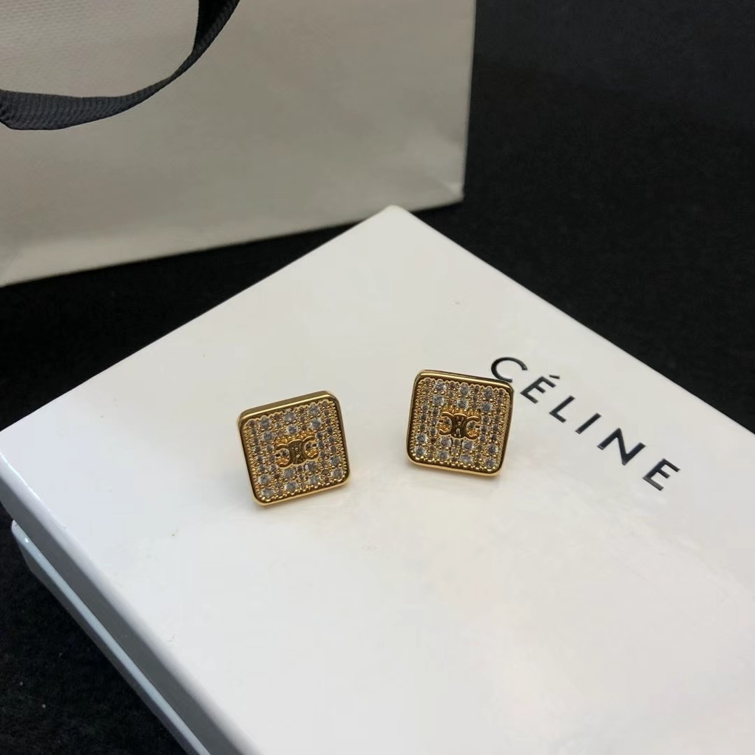 Celine Celestine Triomphe Square Stud Earrings earrings gold-tone metal with clear pave crystals 1 2cm stud diameter