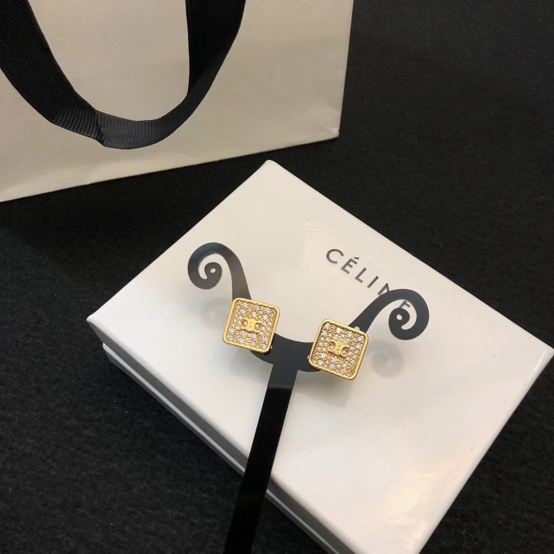 Celine Celestine Triomphe Square Stud Earrings earrings gold-tone metal with clear pave crystals 1 2cm stud diameter